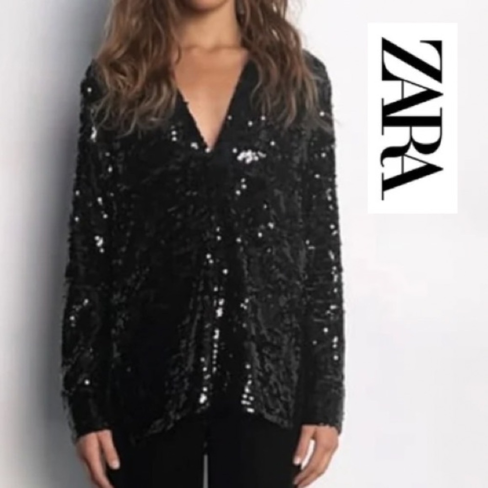 Zara Women's Sparkling Sequin Polo Tunic Blouse - Black - XL